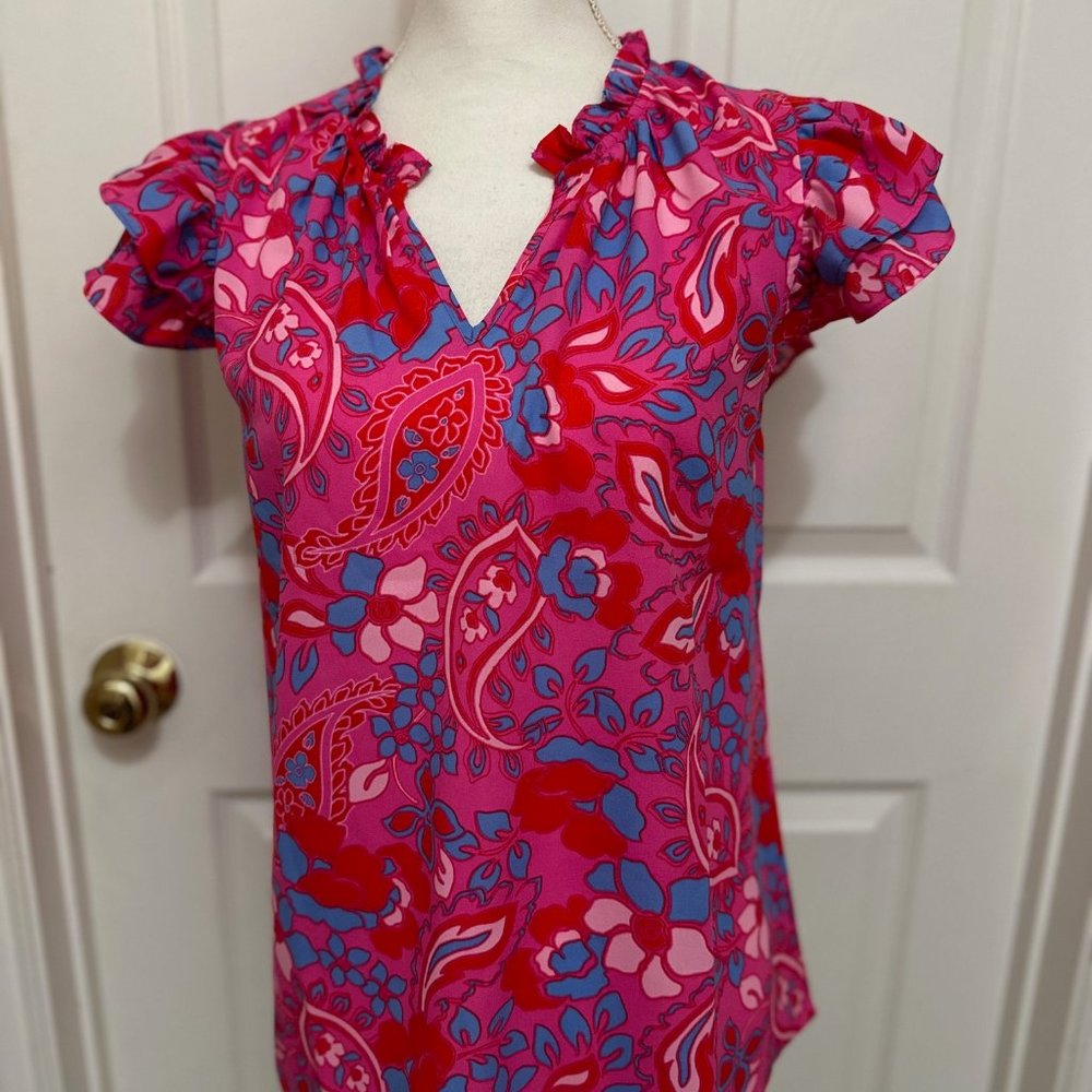 SUGARLIPS, small, ruffle sleeve top, fuschia-red-multi colored